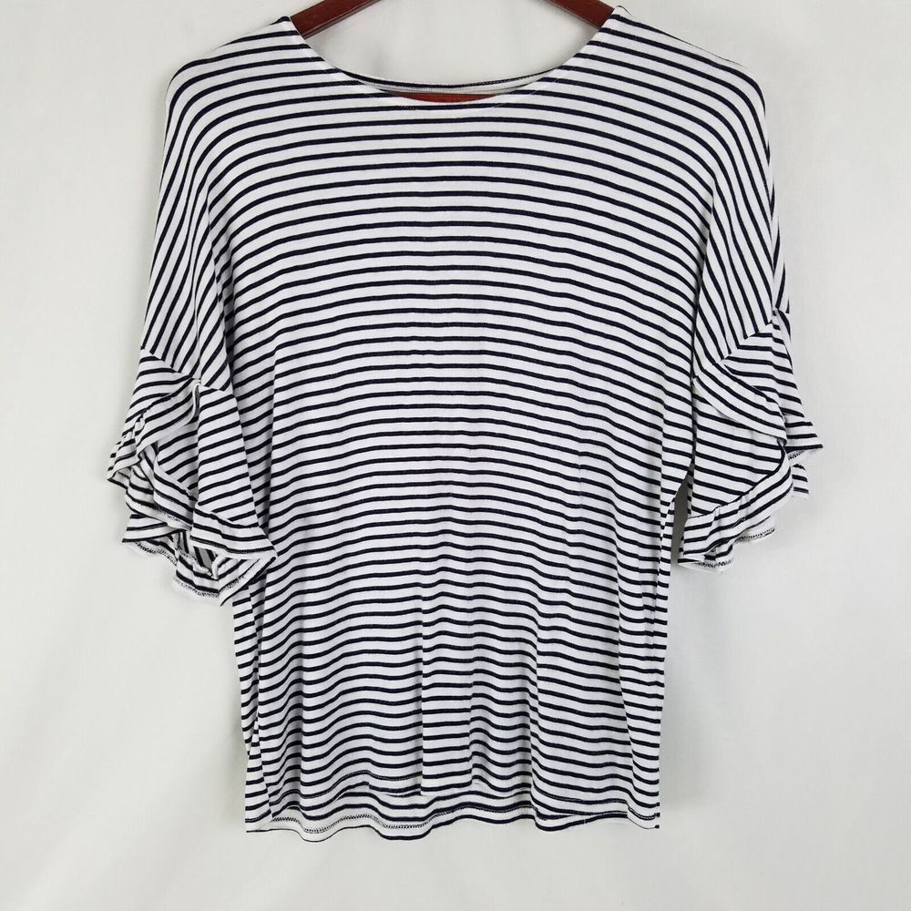 Jolie Shirt Womens Medium White Black Striped Top Short Sleeve Round‎ Neck